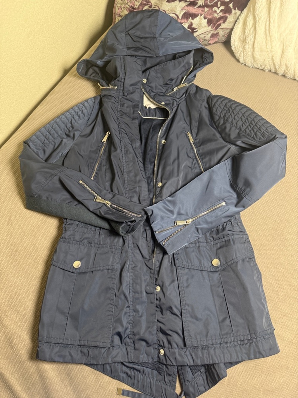 BCBGeneration Navy Hooded Utility Jacket with Quilted Shoulders